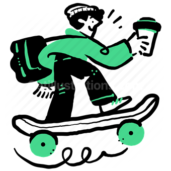 skateboard, man, bag, coffee, drink, beverage, transport
