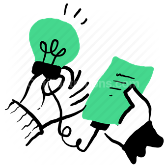 lightbulb, idea, thought, document, paper, page, hand, gesture