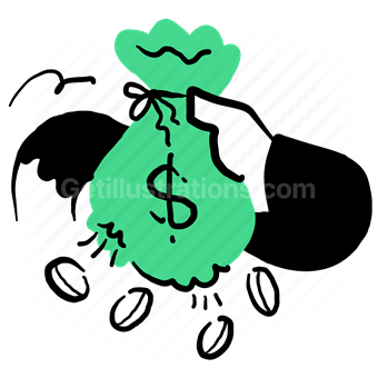 hand, gesture, money, cash, bag, leak, leakage, loss, dollar, coins