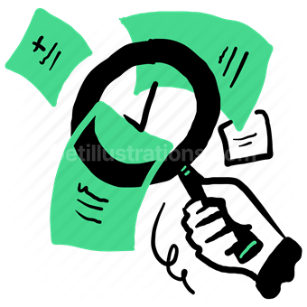 magnifier, find, scan, review, document, paper, page, checkmark, hand, gesture