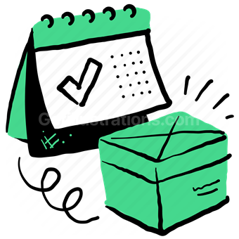 delivery, shipping, calendar, date, schedule, box, package, checkmark