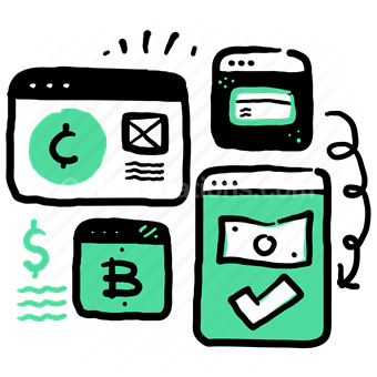 wireframe, bitcoin, cent, money, payment, checkmark, dollar, card