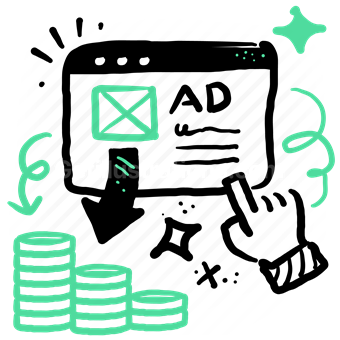 ad, advertisement, clickbait, arrow, coin, monetize, hand, gesture
