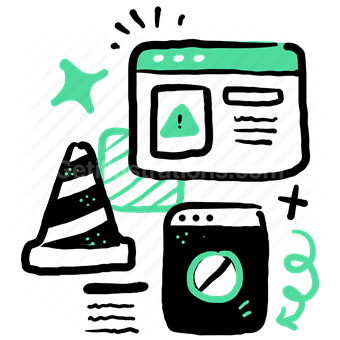 website, browser, alert, cone, block, arrow, safety, protection, wireframe