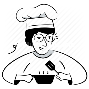 occupation, job, woman, chef, cooking, cook, pan, spatchula, service