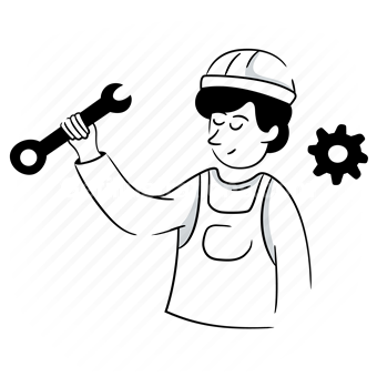 maintenance, gear, wrench, man, people, person, helmet, safety, options, preferences