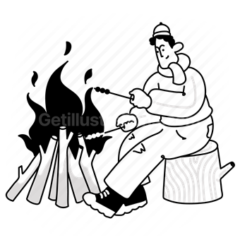 camping, fire, campfire, marshmellows, man, outdoors, activity, hobby