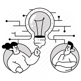 idea, thought, lightbulb, conversation, teamwork, team, man, woman