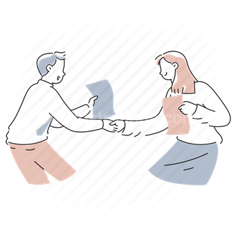 agreement, deal, man, woman, document, paper, page, handshake, people