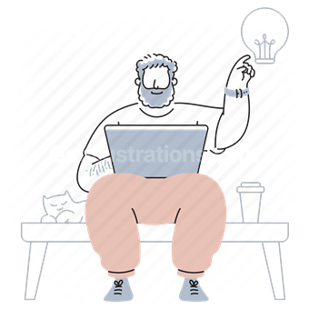 idea, lightbulb, innovation, thought, concept, man, laptop, cat, bench