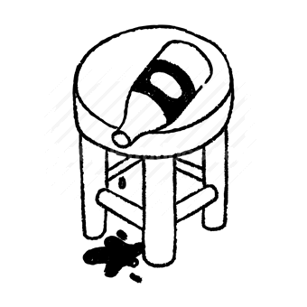 spilled, bottle, stool, mess, liquid