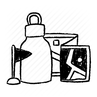 water-bottle, map, flag, navigation, exploration