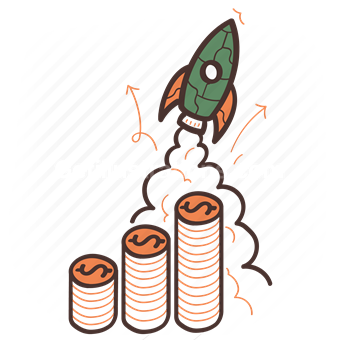rocket, launch, dollar, coin, stack, investment, fund