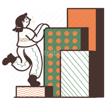 box, package, boxes, shapes, square, woman, climb