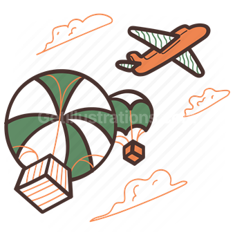 airplane, plane, airdrop, parachute, box, package, crate, clouds