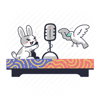 podcast, show, live streaming, broadcast, microphone, mic, sound, record, rabbit, bird