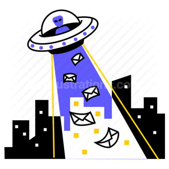ufo, alien, message, envelope, abduction, city, buildings
