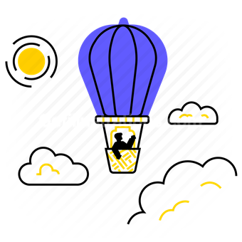 hot air balloon, travelling, sun, clouds, air, air travel, people
