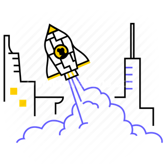 launch, rocket, startup, city, building, travel, development