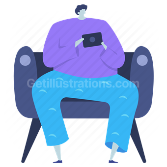 chair, furniture, furnishing, armchair, tablet, man, people, person