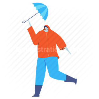 umbrella, jacket, boots, clothes, clothing, man, people, person, rain, raining
