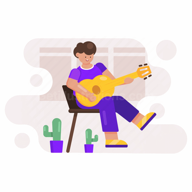 guitar, play, instrument, cactus, plant, chair