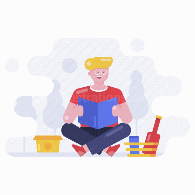 reading, read, book, bottle, box, man, tree, outdoors