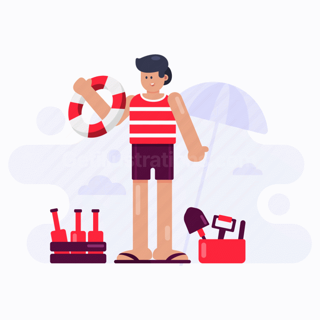 vacation, holiday, bottle, shovel, parasol, man