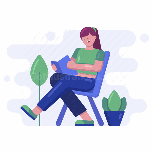 woman, read, reading, chair, plant, potted, tree