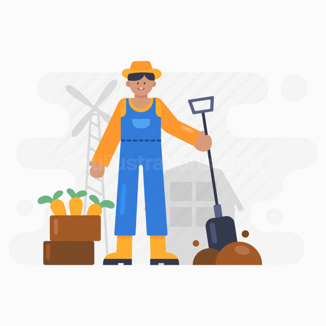 shovel, farmer, vegetable, carrot, man, barn, windmill