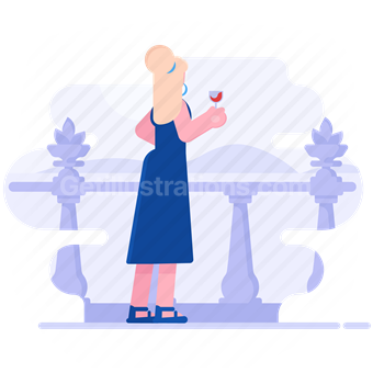 woman, lady, wine, drink, beverage, dress, balcony