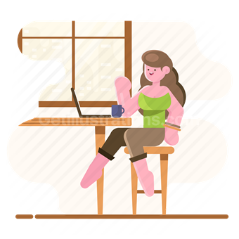woman, girl, person, coffee shop, window, table, laptop, computer, coffee