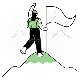 accomplishment, target, flag, woman, mountain climber, promotion, goal