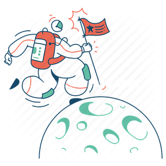 astronaut, flag, moon, space, outerspace