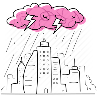 storm, cloud, lightening, rain, city, buildings, building, urban, forecast