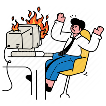 fire, flame, meltdown, computer, malfunction, man, office