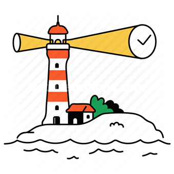 lighthouse, sea, beach, ocean, direction, confirm, checkmark