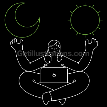 day, night, shift, woman, laptop, computer, moon, sun, weather, forecast