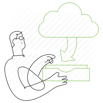 cloud, storage, load, archive, backup, data, database, papertray, man, people