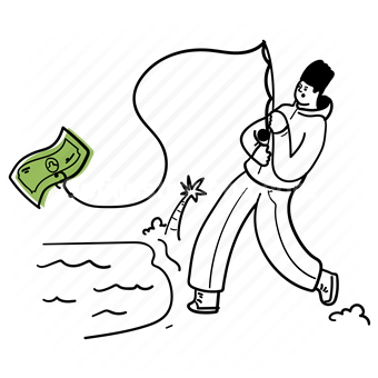 fishing, fishing pole, water, money, cash, dollar, man, people, person