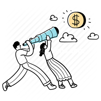 telescope, finance, money, cloud, view, vision, people, clouds, dollar, coin