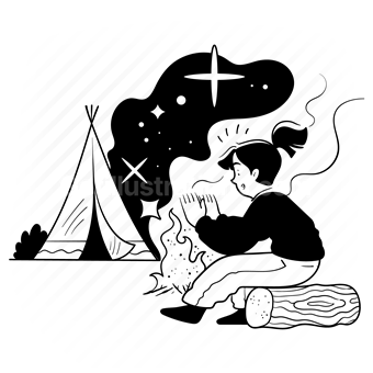 desert, camping, tents, campfires, starry, nights, tent, log, woman, people
