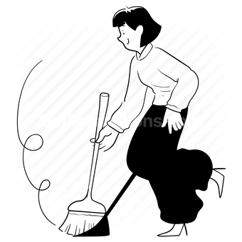 sweep, indoors, broom, clear, woman, people, housekeeping