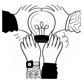 collaboration, hand, gesture, lightbulb, light, working together, teamwork, team