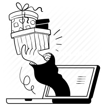 present, gift, laptop, computer, receive, hand, gesture