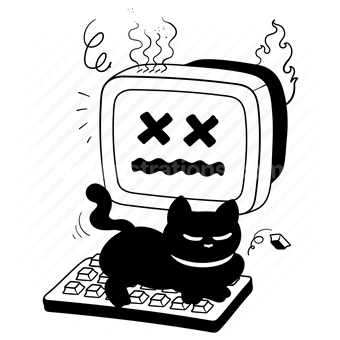computer, danger, damage, warning, meltdown, broken, screen, fire, flame, cat, pet, animal