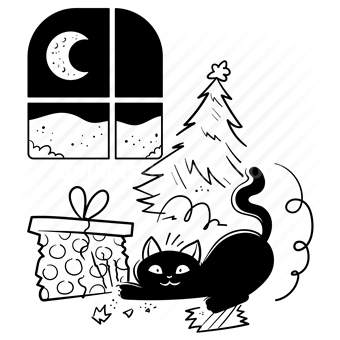 christmas, holiday, occasion, cat, present, gift, tree, night, moon