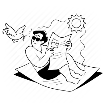 sun, bathing, relax, relaxation, man, people, outdoors, reading, read, bird