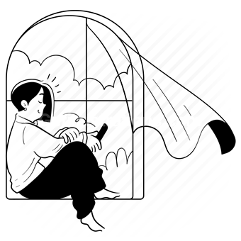 woman, sitting, sit, window, windowsill, curtain, relax, relaxation