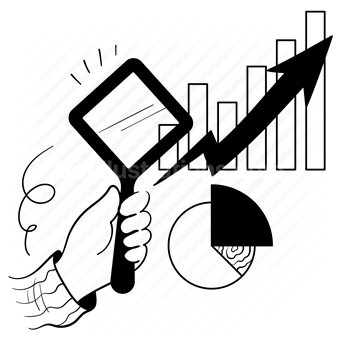 analytics, chart, graph, increase, arrow, up, magnifier, hand, gesture